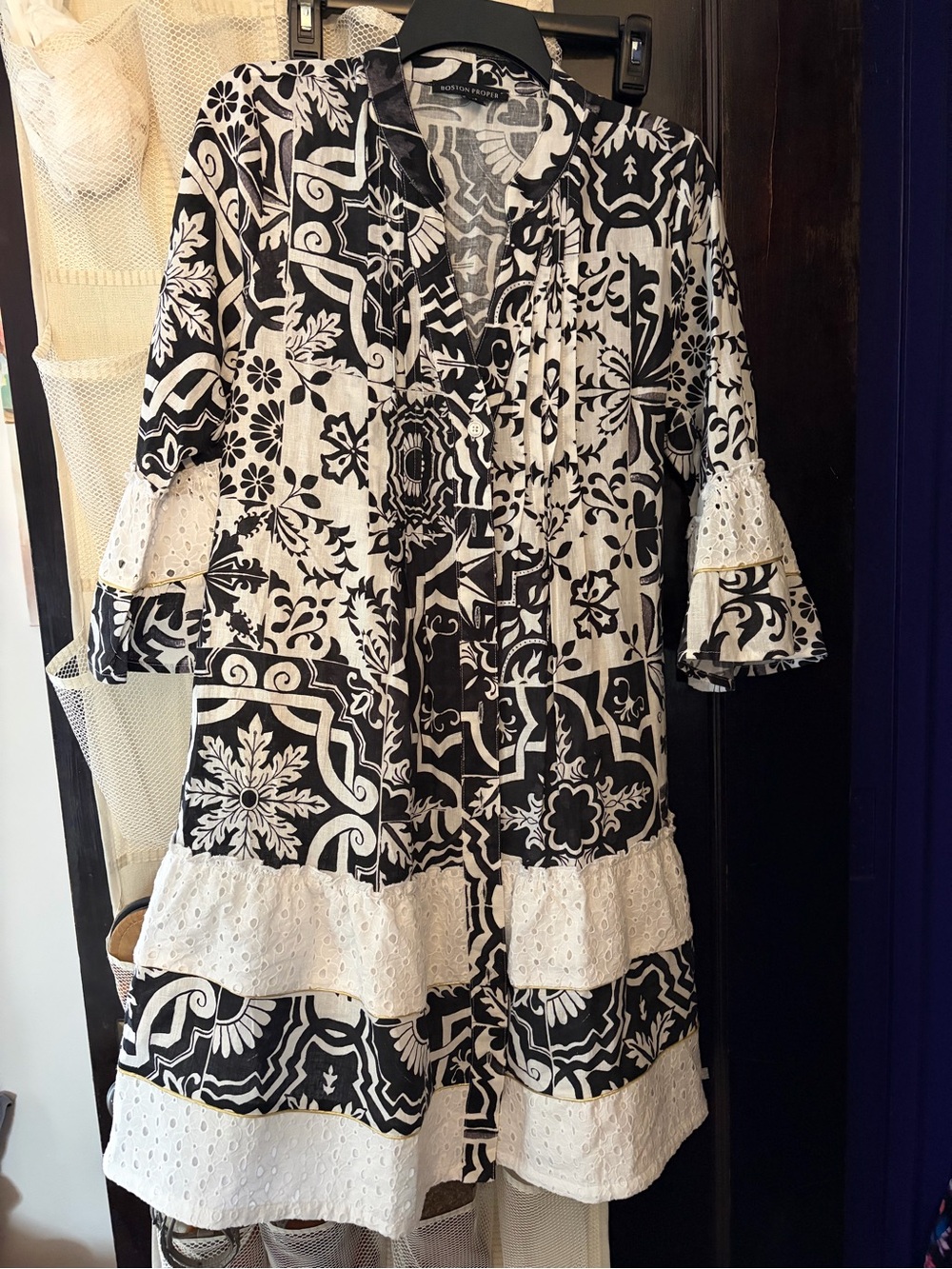 Boston Proper Black and White Patterned Midi Dress